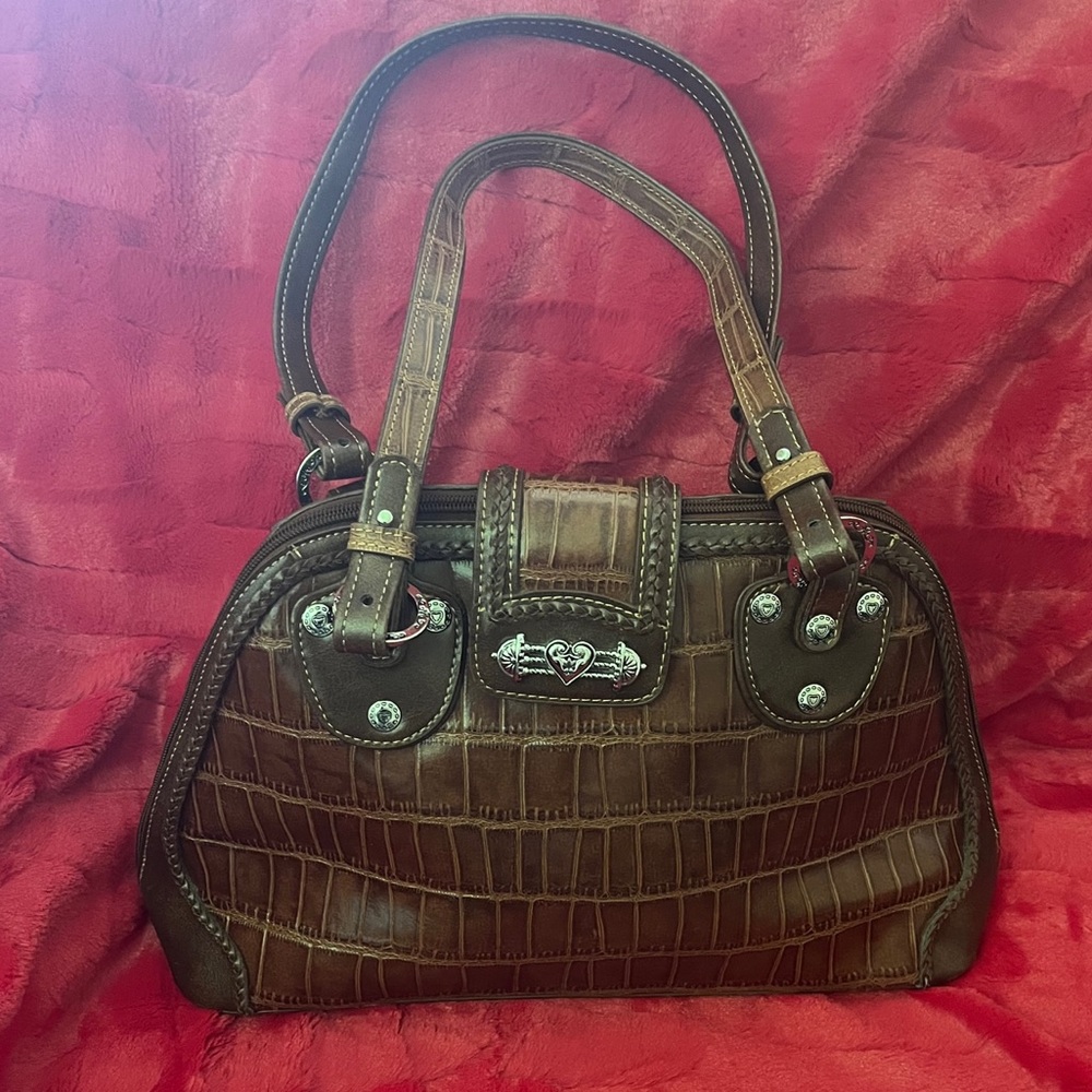 Marc Chantal "M.C." Crock Embossed Brown Faux Leather Bag and Silver Accents